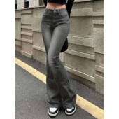 waist 中腰休闲微喇长裤 slightly pants Mid women flared for 女