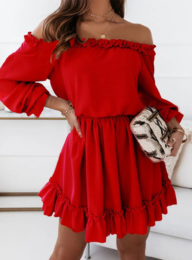 Women's one-line collar long-sleeved dress  一字领长袖连衣裙