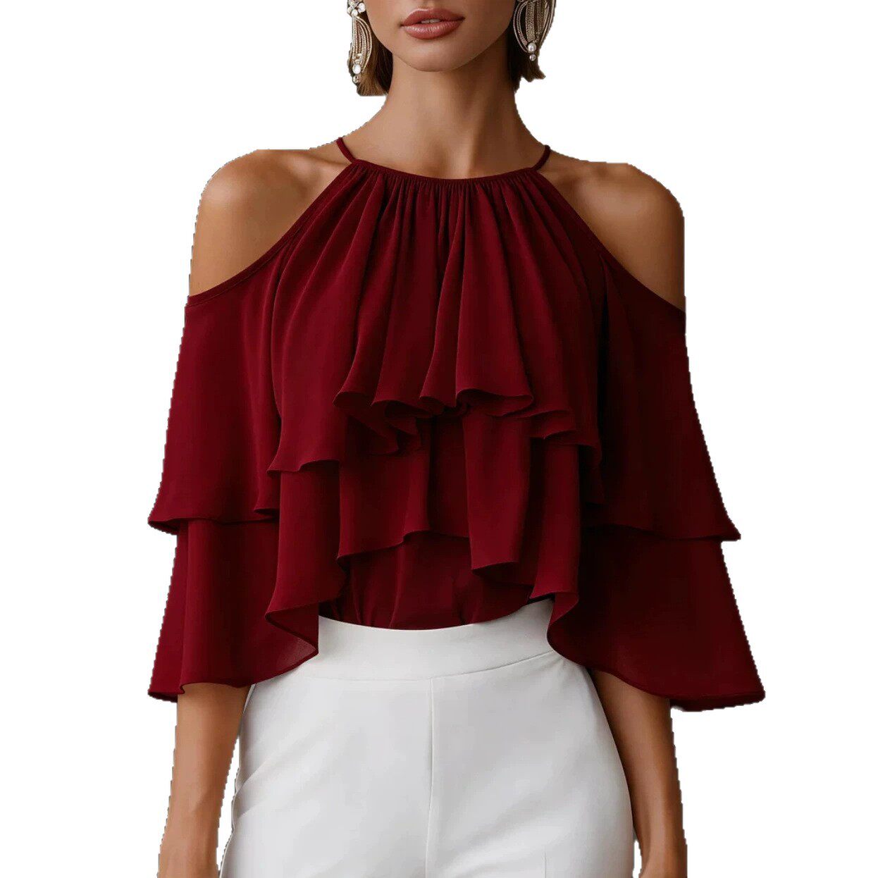 纯色露肩荷叶边上衣Off shoulder ruffled chiffon top for women