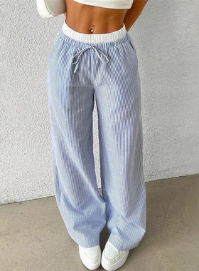 Striped drawstring casual straight leg pants条纹抽绳直筒长裤