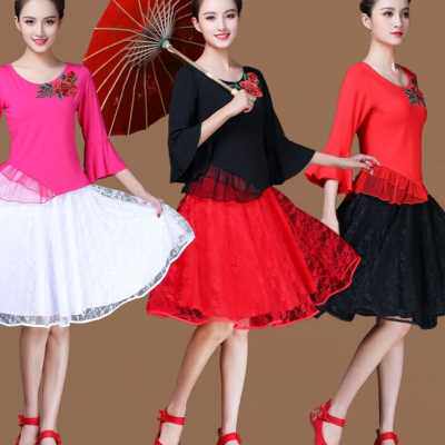 蕾丝裙舞蹈演出服女广场舞服装套装古典中老年表演跳舞春夏季新款