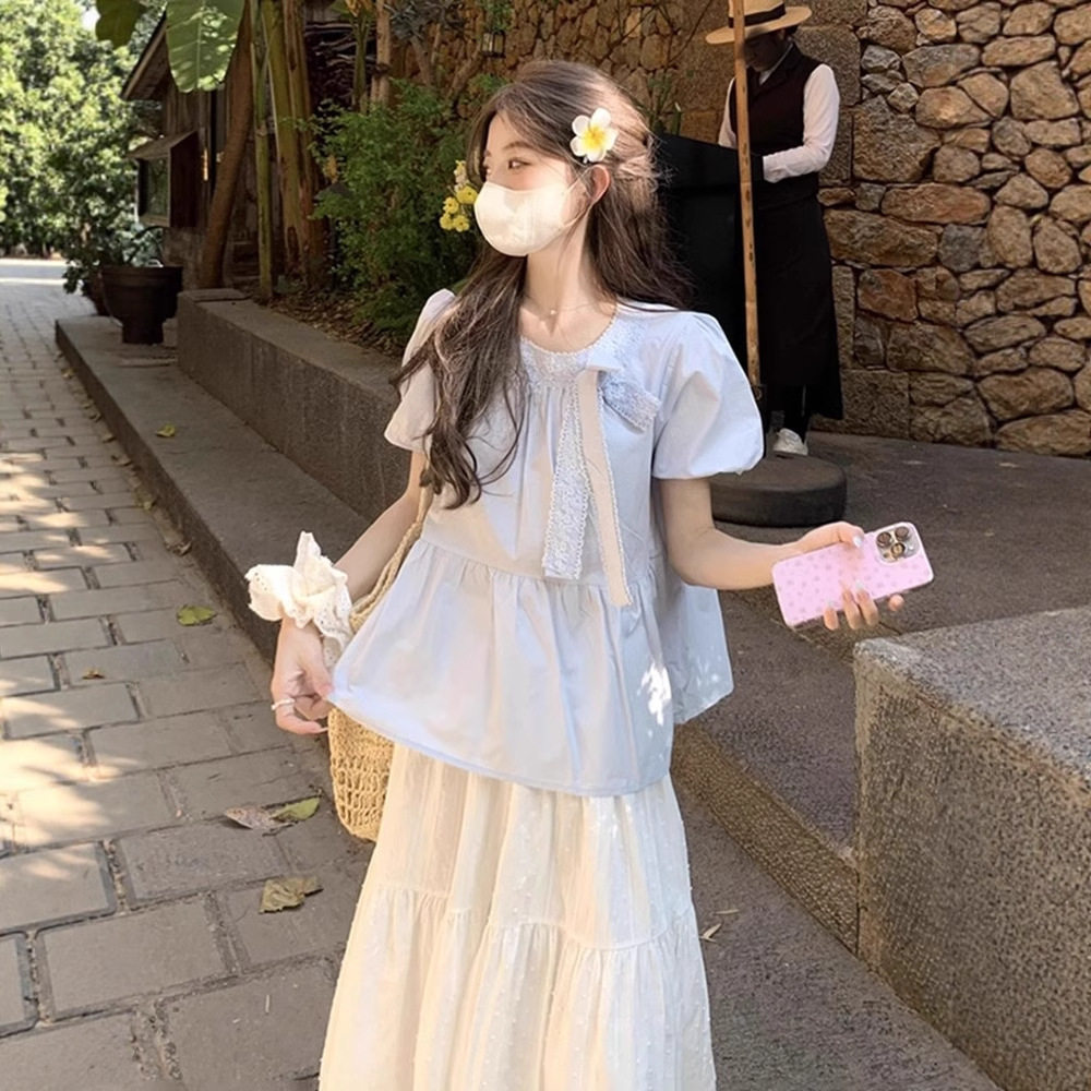 蝴蝶结蕾丝泡泡袖衬衫女半身裙两件套装女夏季设计感压褶绑带