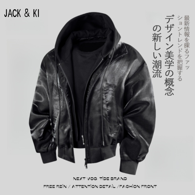 JACK&KI 高级感黑色连帽夹克男士秋季新款宽松休闲户外防风外套男