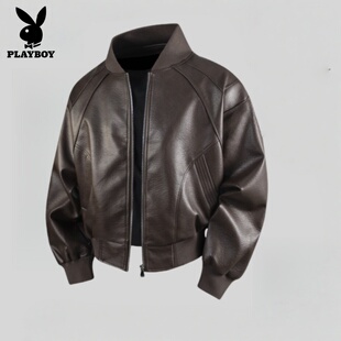休闲帅气PU皮夹克男 宽松立领皮衣外套男春季 花花公子美式 复古短款