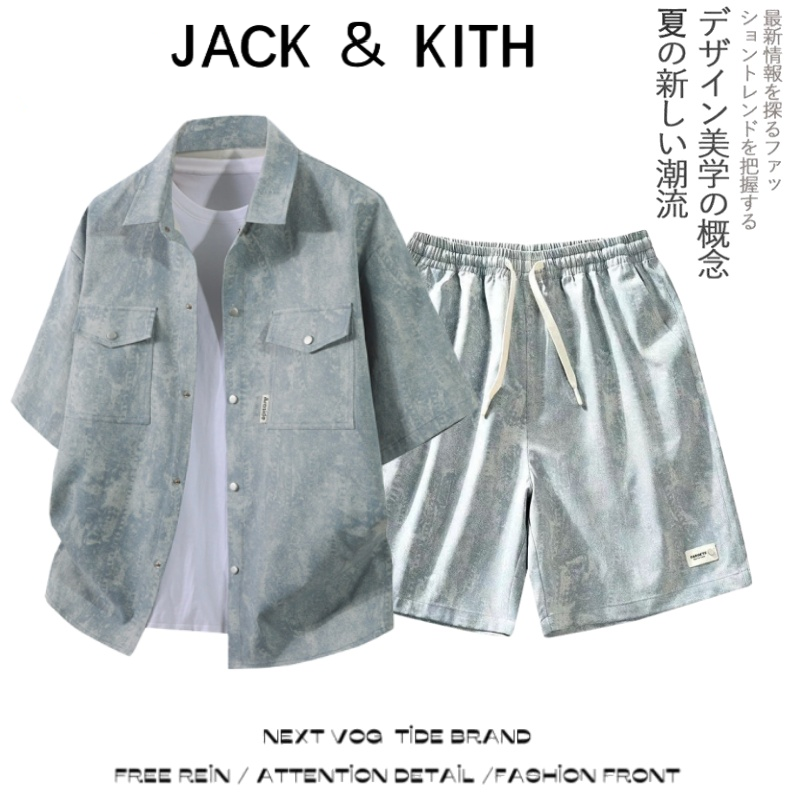 JACK&KITH 2025夏季新款牛仔短袖衬衫套装男大码胖子休闲五分裤男