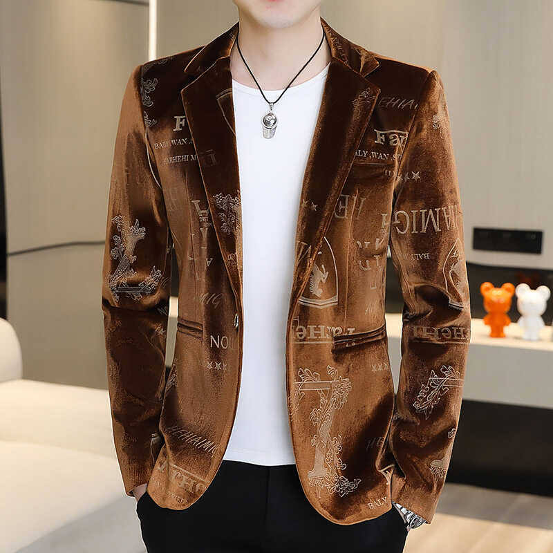男士西服中青年高档修身潮流金丝绒秋冬款外套韩版休闲加厚小西装
