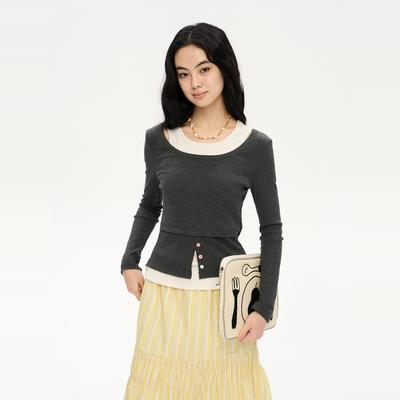 「heris」假两件露肩打底上衣