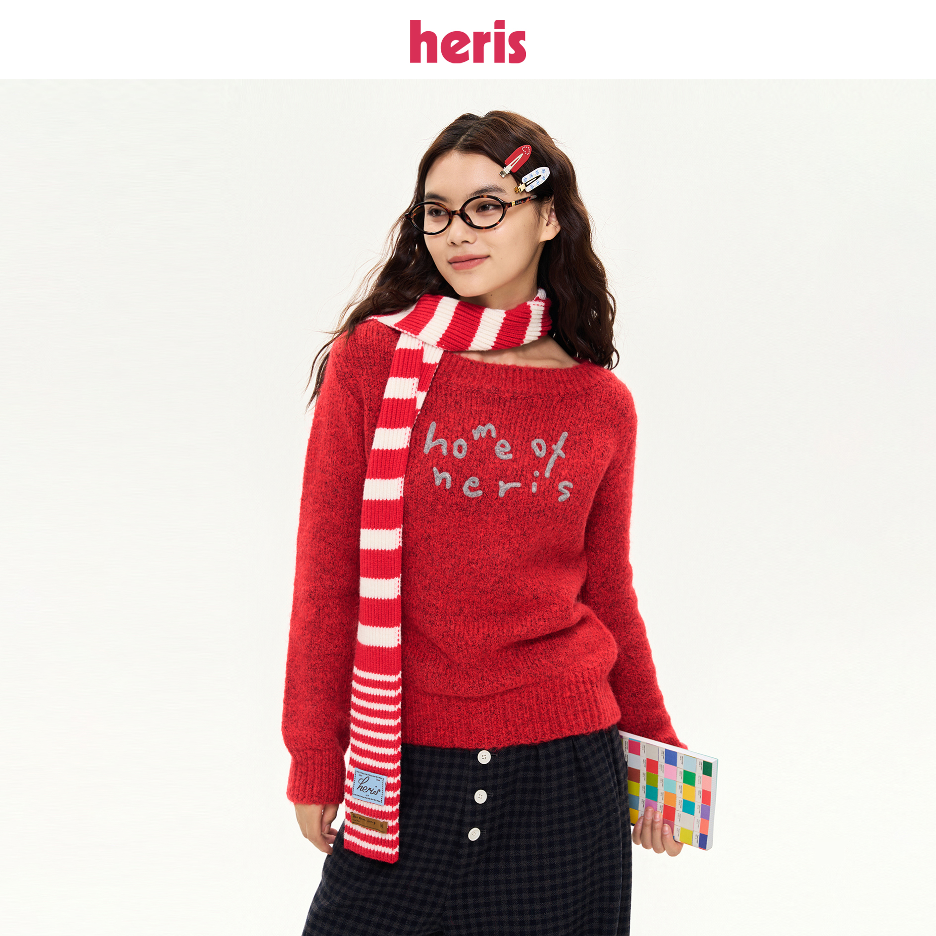 「heris」礼物红色条纹窄围巾