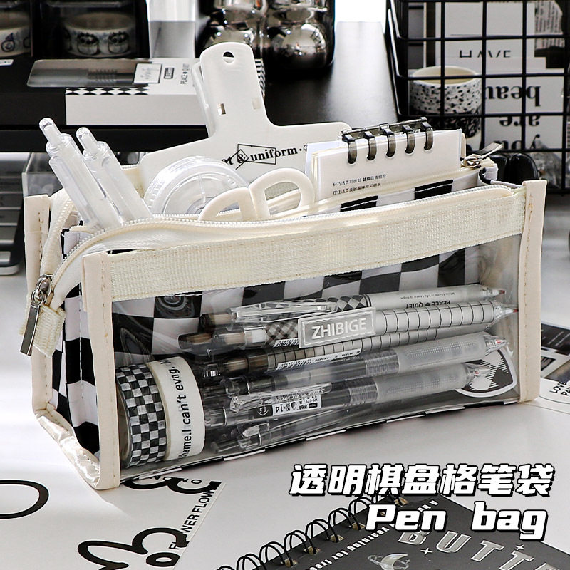 透明笔袋六层大容量棋盘格