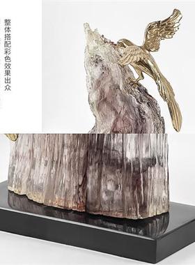 新中式轻奢软装样板间书房透明树脂假山石景铜鸟抽象雕塑装饰摆件