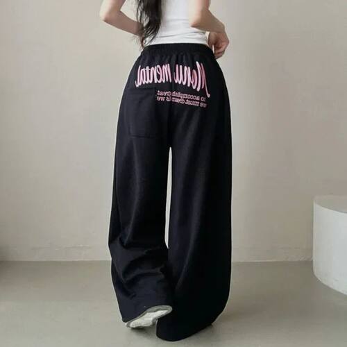 文字刺绣宽松高腰阔腿长裤Text embroidery loose wide leg pants