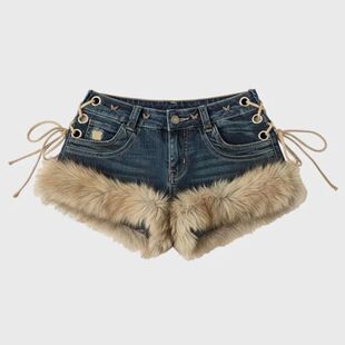 毛毛边绑带低腰短裤Hairy edge tied low waist shorts for women