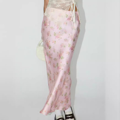 Printed high-waisted halter top skirt 女士印花高腰开叉半身裙