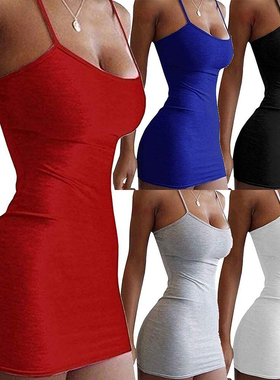 Tight sleeveless neck-hanging dress   纯色紧身无袖挂脖连衣裙