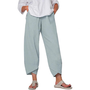 colored pants纯色宽松口袋九分直筒裤 pocket inch 女 nine Solid