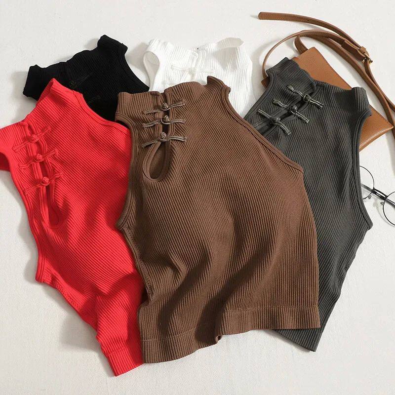 Retro plate button hanging neck top    复古盘扣挂脖无袖上衣