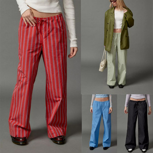 terry striped straight leg Low pants低腰条纹抽绳直筒裤 waist