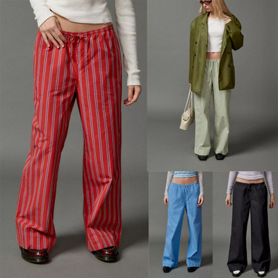 Low waist striped terry straight leg pants低腰条纹抽绳直筒裤