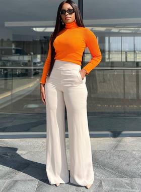 Casual white high waist flared pants休闲白色高腰拼接微喇长裤