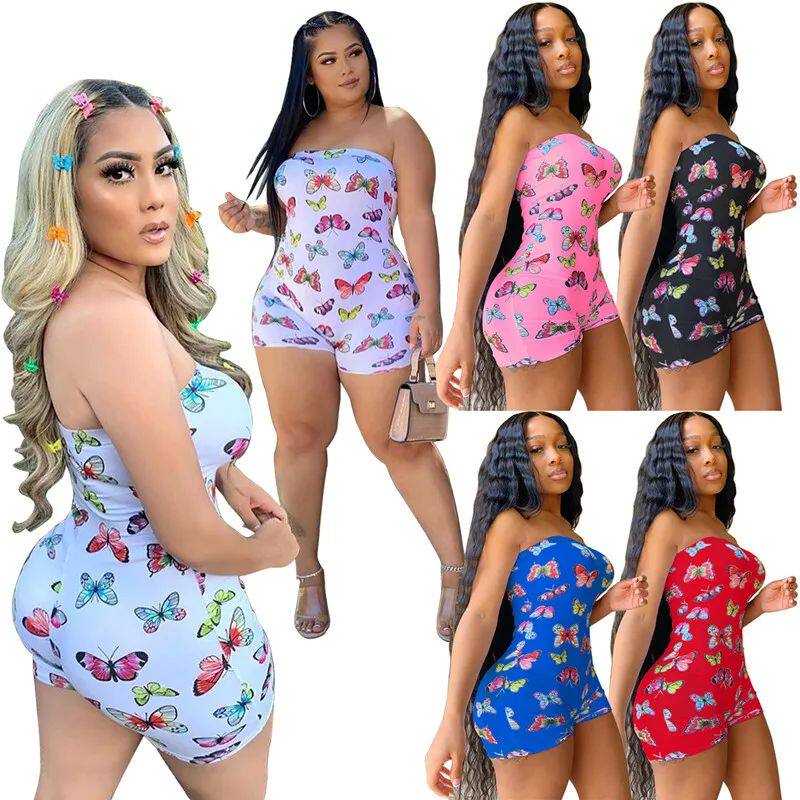 Sexy tight print one-piece shorts 性感紧身印花一字领连体短裤