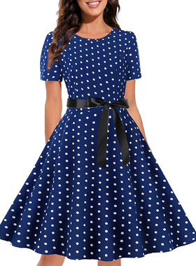 Retro polka-dot floral slim dress     复古波点碎花修身连衣裙