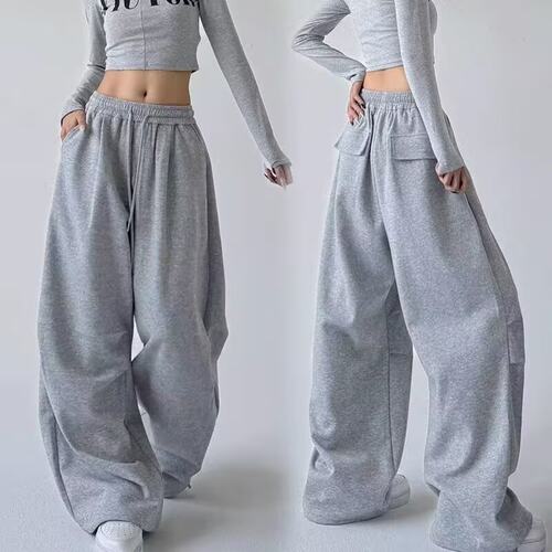Gray high waist sport wide leg jeans灰色高腰抽绳运动阔腿卫裤