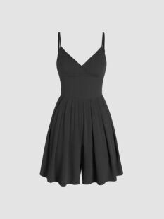 V-neck pleated one-piece full-length shorts V领褶皱连体短裤