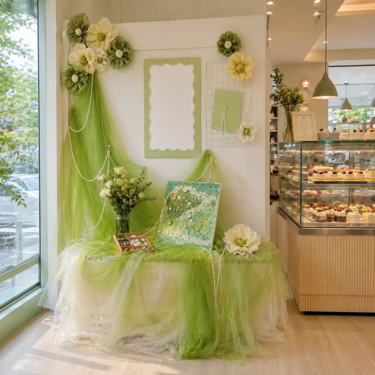 甜品店夏日清新风场景美陈绿色网纱幔仿真珍珠链条背景墙装饰布置