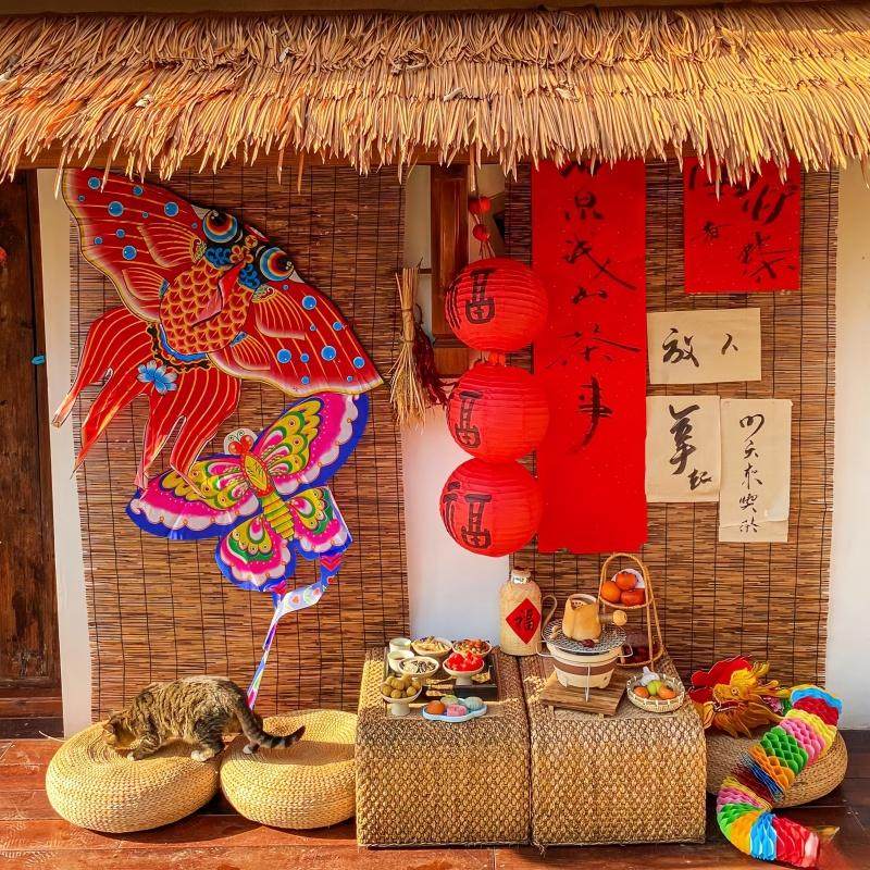 元旦氛围布置红色纸灯笼小院门口挂饰喜庆灯笼装饰品金鱼风筝道具