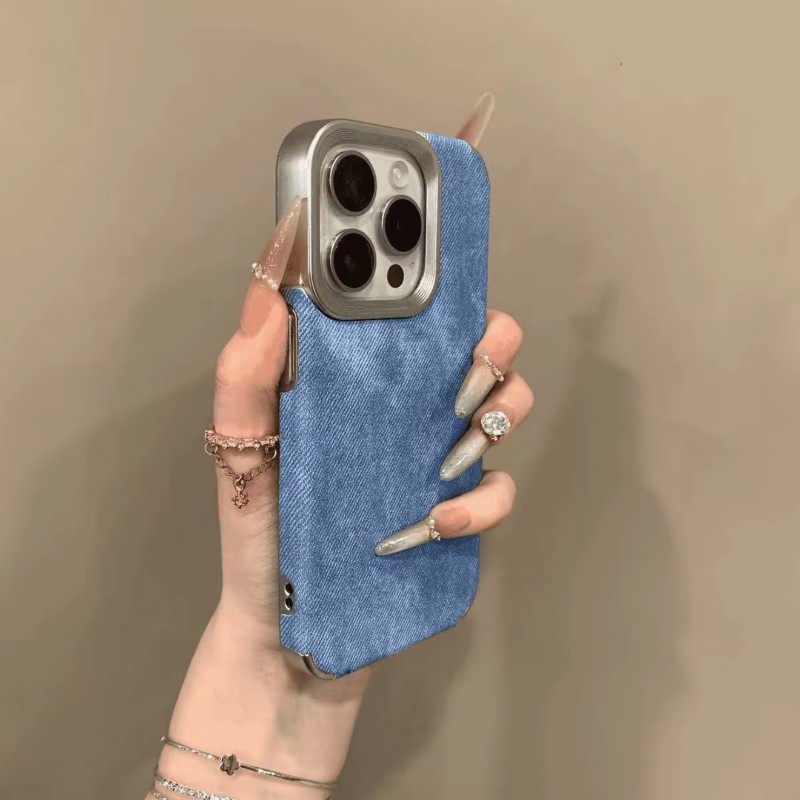 复古高颜值牛仔布纹适用苹果16promax手机壳新款iPhone15pro电镀边框14情侣男女13pro全包防摔保护套O80