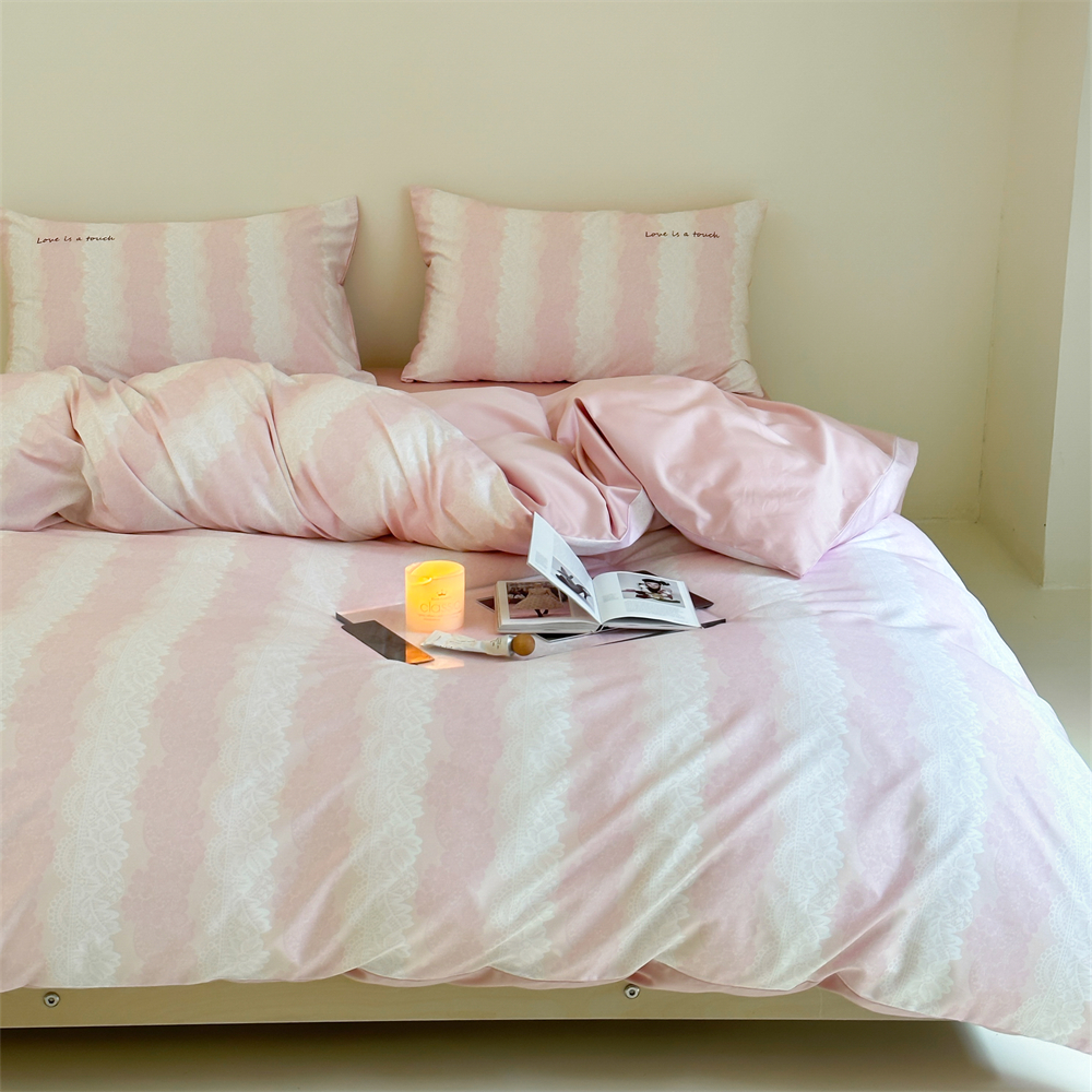 粉色少女心长绒棉贡缎四件套