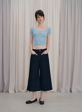 DKZ 浅春系蓝色u领针织短袖女新款修身内搭针织上衣