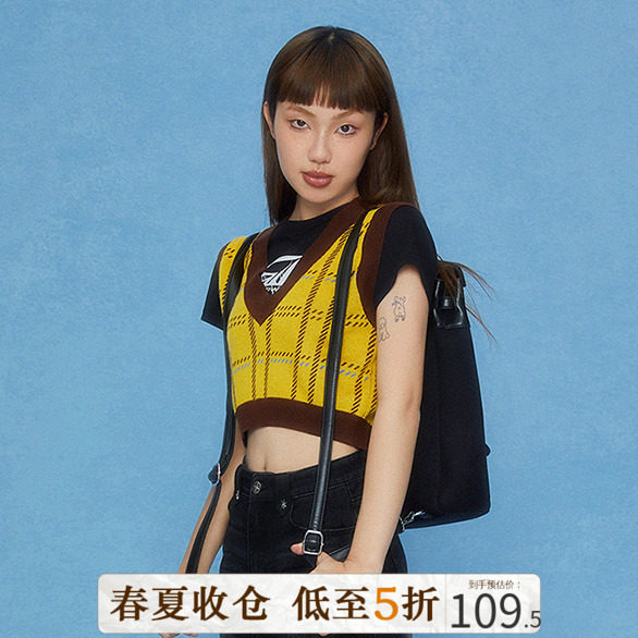 DKZ 新款套头无袖针织背心格子马甲短款甜辣chic短袖上衣女生
