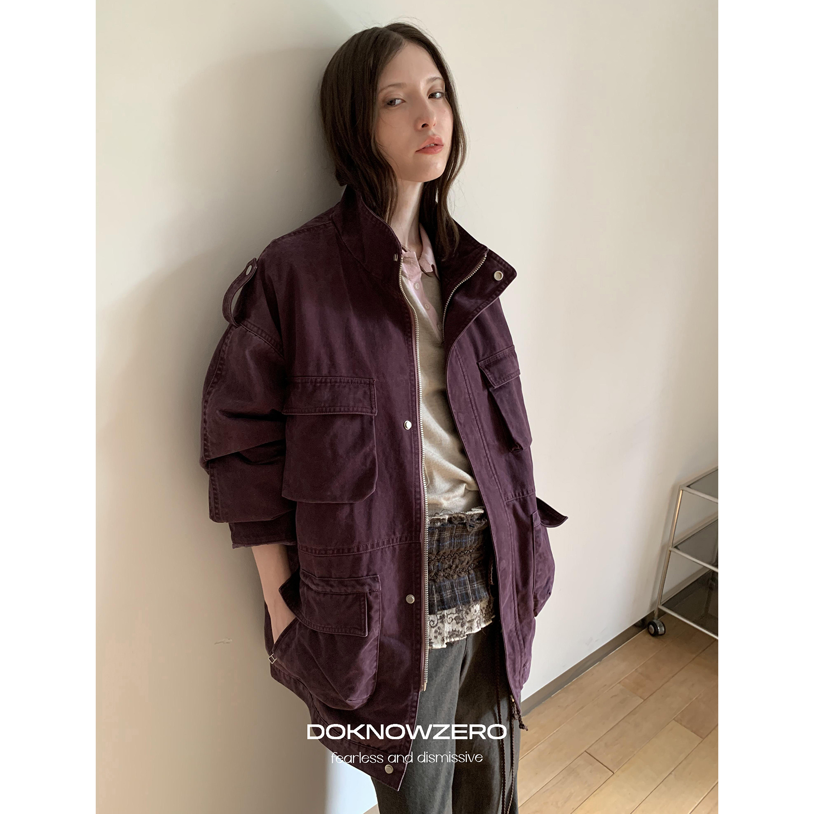 DKZ 紫色重工洗水外套女秋冬宽松复古做旧多口袋带内胆工装上衣