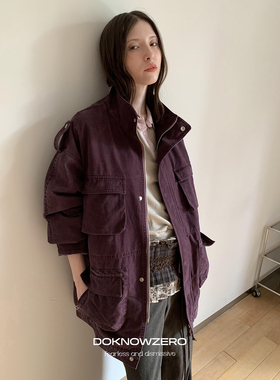 DKZ 紫色重工洗水外套女秋冬宽松复古做旧多口袋带内胆工装上衣