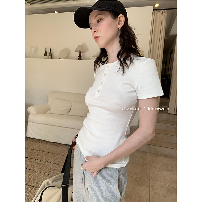 DKZ 基础亨利领短袖t恤女春夏新款修身简约百搭上衣