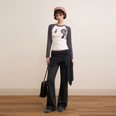 复古徽章印花长袖 DKZ 上衣 新款 修身 条纹撞色插肩袖 t恤女秋季