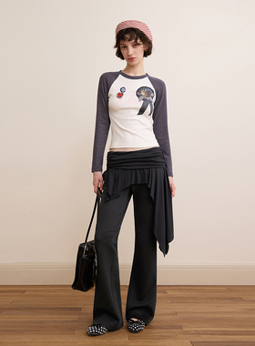 DKZ 条纹撞色插肩袖t恤女秋季新款修身复古徽章印花长袖上衣