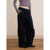 少量现货 DKZ 深蓝色灯芯绒工装 裤 女宽松复古翻边阔腿休闲裤