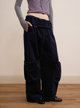 【少量现货】DKZ 深蓝色灯芯绒工装裤女宽松复古翻边阔腿休闲裤