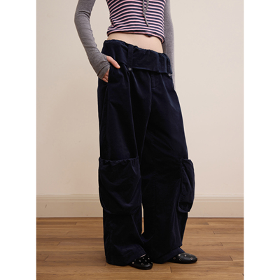 【少量现货】DKZ 深蓝色灯芯绒工装裤女宽松复古翻边阔腿休闲裤