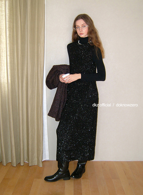 DKZ 黑色亮片背心连衣裙女秋冬新款复古小香风叠搭针织长裙