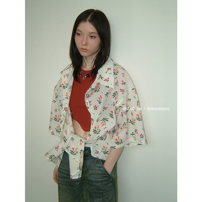 DKZ 碎花短袖衬衫女夏季新款宽松中长款百搭衬衣外套