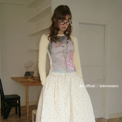 DKZ 复古梦核小猫印花插肩袖修身长袖t恤上衣