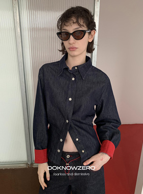 DKZ 蓝色牛仔长袖衬衫女秋季新款复古拼接设计衬衣