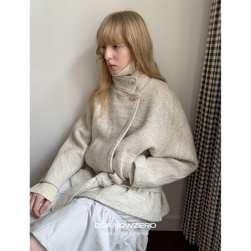 DKZ 杏色40%羊毛毛呢外套女冬季新款复古廓形上衣