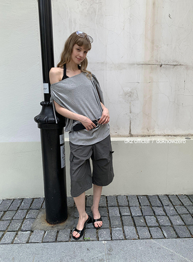 DKZ 灰色露肩t恤女夏季新款宽松抽绳蝙蝠袖上衣