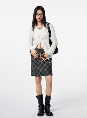 DKZ 2023年新款蕾丝边腰头格纹中长裙今年流行小众半身裙