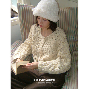 DKZ 白色毛衣开衫外套女秋冬新款粗针慵懒感针织上衣