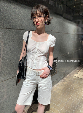 DKZ  白色泡泡袖衬衫女夏季新款法式方领短袖衬衣
